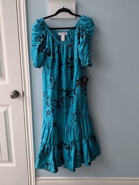 Vintage Teal Floral Puff-Sleeve Dress